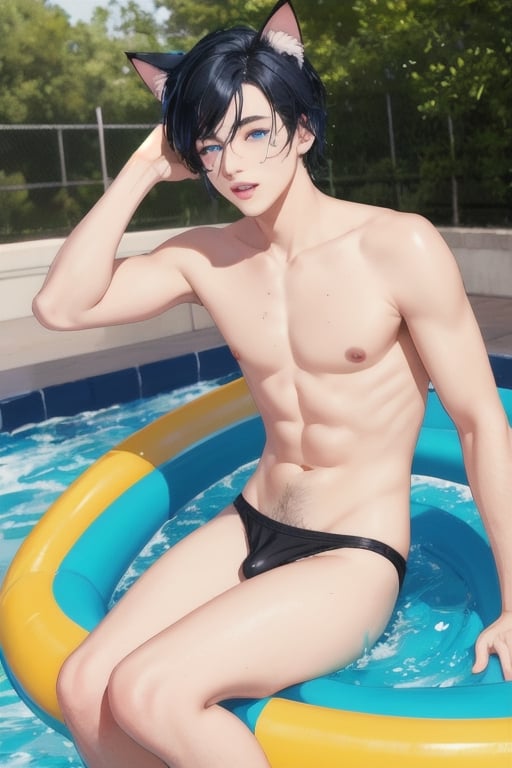 masterpiece, best quality, solo, animal ears, blue eyes,colored sclera, black hair, cat ears, multicolored hair, freckles,1boy,  two-tone hair, blue hair, male focus, lips, short hair, black sclera, topless, gay_sex, full_body, uncensored, male_only,speedo, water park, towel, giant waterslide, crowd, top of waterslide, going down waterslide head first, soaked 