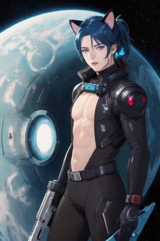 masterpiece, best quality, solo, animal ears, blue eyes,colored sclera, black hair, cat ears, multicolored hair, freckles,1boy,  two-tone hair, blue hair, male focus, lips, short hair, black sclera, full_body, uncensored, male_only,homoerotic,  science fiction, scenery,sci-fi bodysuits,cowboy shot of samus aran, ponytail, metroid, holding weapon, blue bodysuit, spaceship background