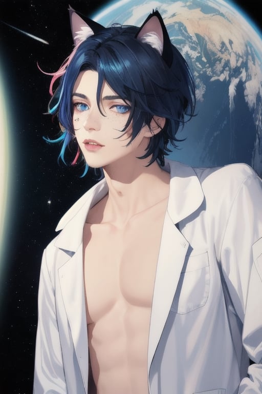 masterpiece, best quality, solo, animal ears, blue eyes,colored sclera, black hair, cat ears, multicolored hair, freckles,1boy,  two-tone hair, blue hair, male focus, lips, short hair, black sclera, topless, gay_sex, full_body, uncensored, male_only, jewelry, (1Man)､from below､ cerling､ tellaported into alien world, topless, lab coat,outerspace, 