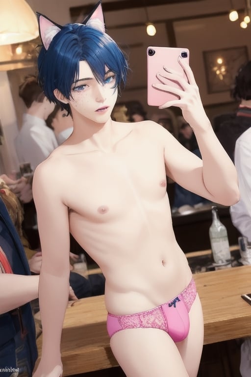 ((masterpiece)), best quality, animal ears, blue eyes,colored sclera, black hair, cat ears, multicolored hair, freckles,1boys,  two-tone hair, blue hair, male focus, lips, short hair, black sclera, topless, gay_sex, full_body, uncensored, male_only, cute twink boy standing in the hofbrauhaus wearing pink panties and stockings, boy with small dick in the panties, small penis bulge, feminine body, feminine boy, submissive, taking selfie, body with small dick,  boy with wide hips, big ass, perfection model, perfect body, perfect cock, complex_background, detailed face, detailed hands,High detailed, realhands, holding_cellphone, 3men,surrounded by naked fat old men, kissing old man, large beer
