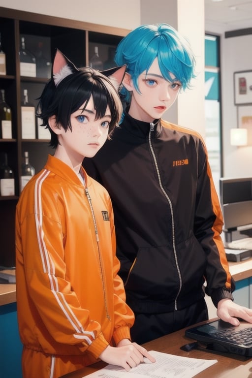 1boy,boy age 18,masterpiece, best quality, boy animal ears, boy blue eyes,boy colored sclera, boy black hair, cat ears, boy multicolored hair, boy freckles, boy two-tone hair, boy blue hair, male focus, lips, boy short hair, boy black sclera, boy in orange jump suit,signing papers at counter, mom with boy, police station, orange jacket, orange pants,