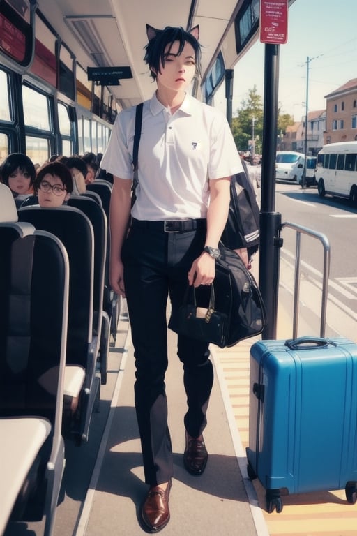 1boy ,masterpiece, best quality, animal ears, blue eyes,colored sclera, black hair, cat ears, multicolored hair, freckles, two-tone hair, blue hair, male focus, lips, short hair, black sclera,crowded bus. wearing white polo shirt, khaki pants, suitcase,school log on shirt, crowd, people on bus, exitting bus, big city, bus stop