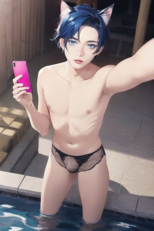((masterpiece)), best quality, animal ears, blue eyes,colored sclera, black hair, cat ears, multicolored hair, freckles,1boys,  two-tone hair, blue hair, male focus, lips, short hair, black sclera, topless, gay_sex, full_body, uncensored, male_only, cute twink boy standing in the hotspring wearing pink panties and stockings, boy with small dick in the panties, small penis bulge, feminine body, feminine boy, submissive, taking selfie, body with small dick,  boy with wide hips, big ass, perfection model, perfect body, perfect cock, complex_background, detailed face, detailed hands,High detailed, realhands, holding_cellphone, surrounded by naked fat old men,