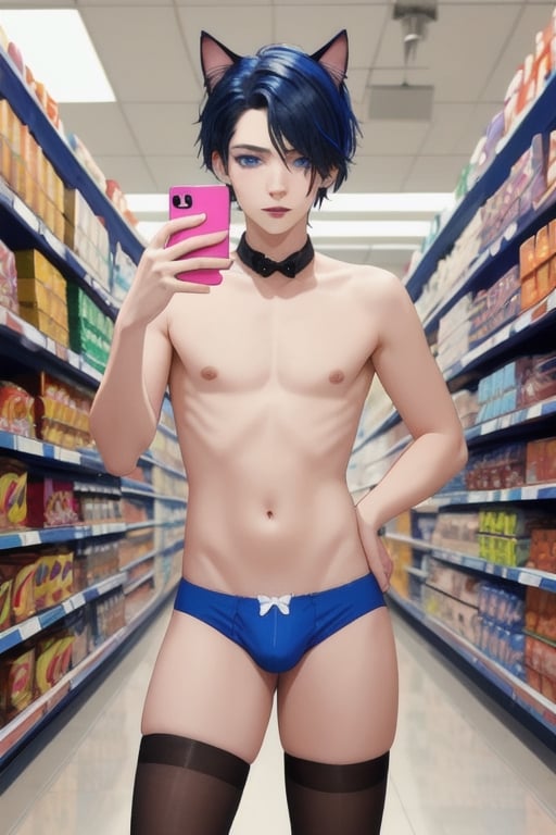((masterpiece)), best quality, animal ears, blue eyes,colored sclera, black hair, cat ears, multicolored hair, freckles,1boys,  two-tone hair, blue hair, male focus, lips, short hair, black sclera, topless, gay_sex, full_body, uncensored, male_only, cute twink boy standing in the walmart shopping aisle wearing pink panties and stockings, boy with small dick in the panties, small penis bulge, feminine body, feminine boy, submissive, taking selfie, body with small dick,  boy with wide hips, big ass, perfection model, perfect body, perfect cock, complex_background, detailed face, detailed hands,High detailed,