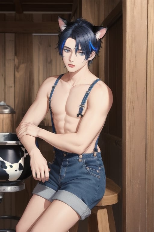 masterpiece, best quality, animal ears, blue eyes,colored sclera, black hair, cat ears, multicolored hair, freckles,1boy,  two-tone hair, blue hair, male focus, lips, short hair, black sclera, wearing overalls shorts, topless, cowboy boots,in barn, sitting_down on stool, cow, cow in stall, milking_machine, milking cow , hand on (cow utters), cow and boy in fram
