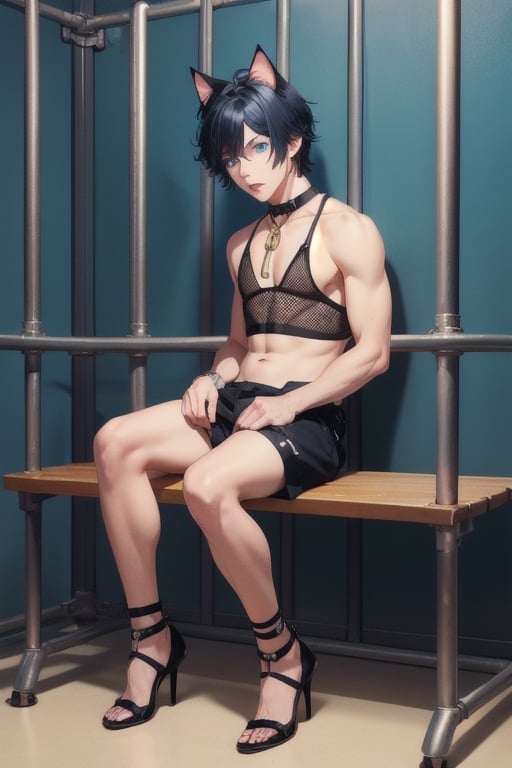 2boy ,masterpiece, best quality, animal ears, blue eyes,colored sclera, black hair, cat ears, multicolored hair, freckles, two-tone hair, blue hair, male focus, lips, short hair, black sclera,fishnet,thong, highheels, miniskirt, tube_top, halter_top, male breast,  inside jail cell, in  detention center, metal bench, metal prison toilet,  lock-up, behind bars, sitting on long bench crying
