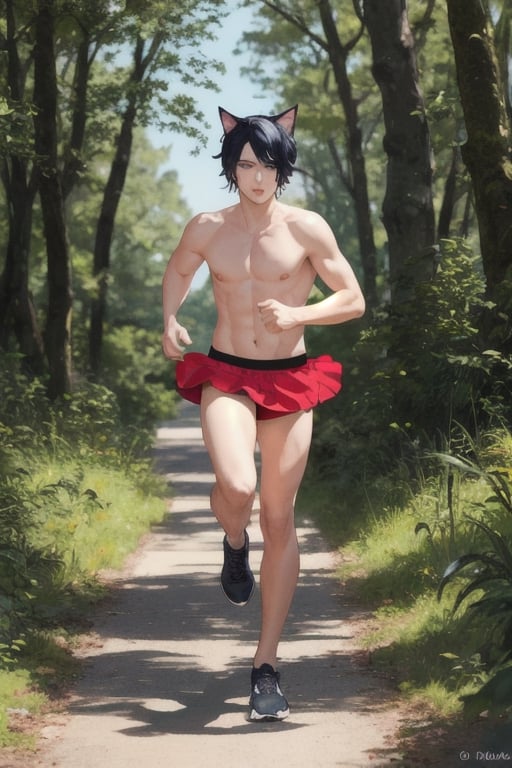 masterpiece, best quality,1boy, animal ears, blue eyes,colored sclera, black hair, cat ears, multicolored hair, freckles,1boys,  two-tone hair, blue hair, male focus, lips, short hair, black sclera, gay_sex, full_body, uncensored, male_only, running out of forest, nude,running, running away down path, red thong,bare_foot, red mini skirt