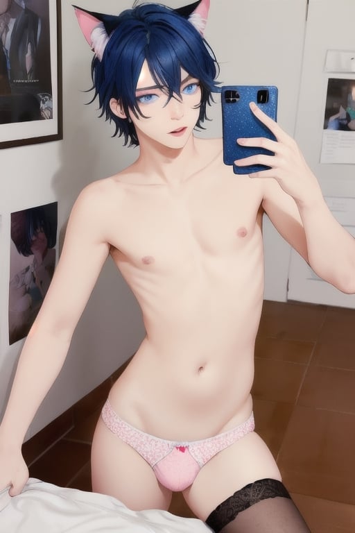 ((masterpiece)), best quality, animal ears, blue eyes,colored sclera, black hair, cat ears, multicolored hair, freckles,1boys,  two-tone hair, blue hair, male focus, lips, short hair, black sclera, topless, gay_sex, full_body, uncensored, male_only, cute twink boy standing in the frat house wearing pink panties and stockings, boy with small dick in the panties, small penis bulge, feminine body, feminine boy, submissive, taking selfie, body with small dick,  boy with wide hips, big ass, perfection model, perfect body, perfect cock, complex_background, detailed face, detailed hands,High detailed, realhands, kissing,holding_cellphone,nude,   (many onlookers looking at boy), detailed face, detailed legs, poster of rosie kawaii 