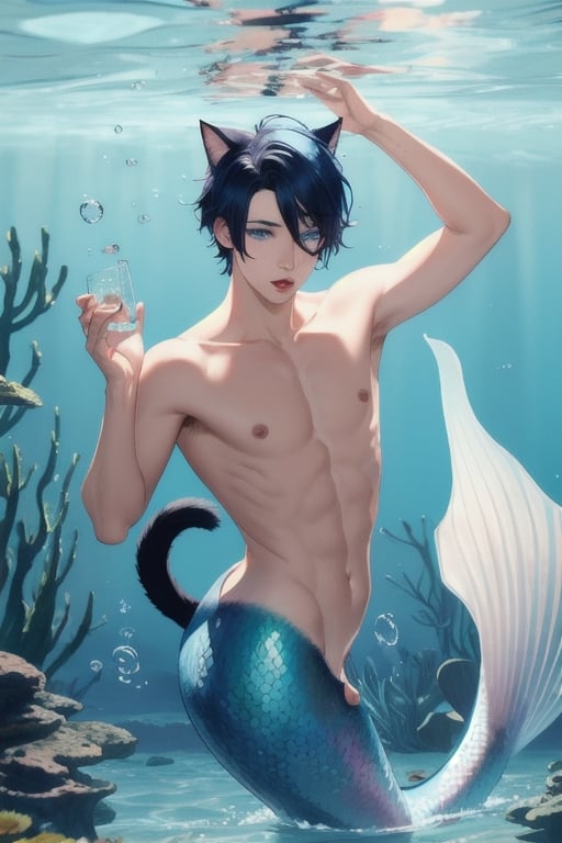 masterpiece, best quality, solo, animal ears, blue eyes,colored sclera, black hair, cat ears, multicolored hair, freckles,1boy,  two-tone hair, blue hair, male focus, lips, short hair, black sclera, topless, gay_sex, full_body, uncensored, male_only, nude, tiny circumcised_penis,nude,wading,underwater, air bubble, merman, mermaid body, 