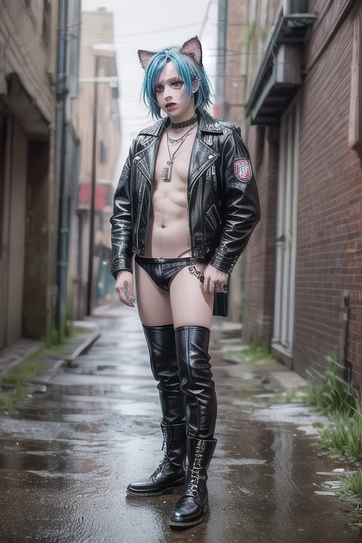masterpiece, best quality, animal ears, blue eyes,colored sclera, black hair, cat ears, multicolored hair, freckles,1boys,  two-tone hair, blue hair, male focus, lips, short hair, black sclera, topless, gay_sex, full_body, uncensored, male_only,topless,nude, ultra Realistic, 80’s UK back street, Dirty, garbage-filled backstreets.devastated street, Junk yard street, ANARCHY In the UK, Dirty Rotten Imbeciles, Straight Edge, Chaos UK, (hardcore Punk fashion),  jokey And playful expression, Septum Piercing, more Coal, Ratty dreads, More patchs, Crust core,anti union flag design, dirty torn studded leather jacket, hardcore Punk Style jacket, lot Punk badge, check inner shirt, panties, dirty long torn leather boots, yellowed clothes, {chain storm}, stained clothes, dirty torn leather jacket, multi color spike hair, photo r3al,old man handing boy money
