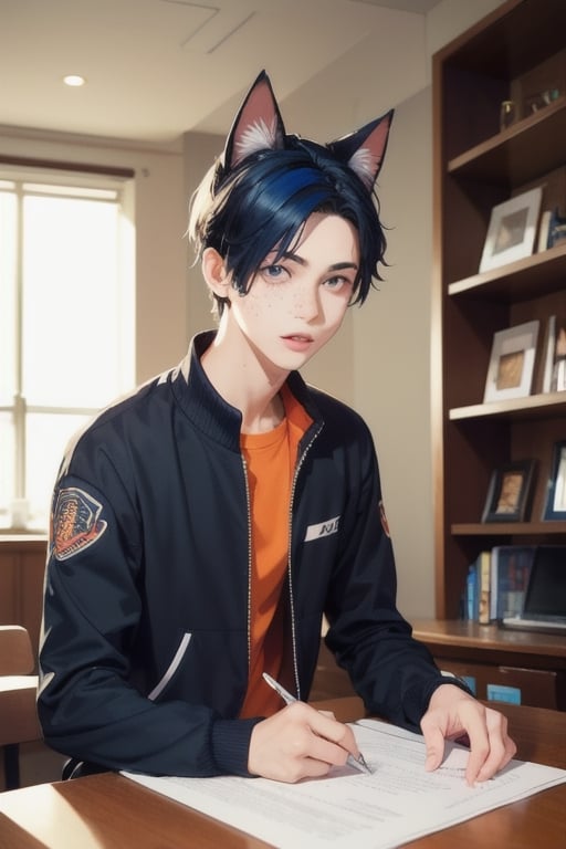 1boy,boy age 18,masterpiece, best quality, boy animal ears, boy blue eyes,boy colored sclera, boy black hair, cat ears, boy multicolored hair, boy freckles, boy two-tone hair, boy blue hair, male focus, lips, boy short hair, boy black sclera, boy in orange jump suit,signing papers at counter, mom with boy, police station
