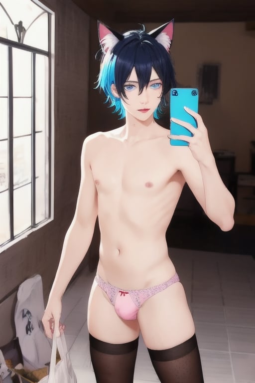 ((masterpiece)), best quality, animal ears, blue eyes,colored sclera, black hair, cat ears, multicolored hair, freckles,1boys,  two-tone hair, blue hair, male focus, lips, short hair, black sclera, topless, gay_sex, full_body, uncensored, male_only, cute twink boy standing in the hotspring wearing pink panties and stockings, boy with small dick in the panties, small penis bulge, feminine body, feminine boy, submissive, taking selfie, body with small dick,  boy with wide hips, big ass, perfection model, perfect body, perfect cock, complex_background, detailed face, detailed hands,High detailed, realhands, holding_cellphone, 3men,surrounded by naked fat old men,