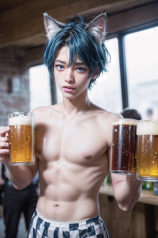 masterpiece, best quality, animal ears, blue eyes,colored sclera, black hair, cat ears, multicolored hair, freckles,1boys age 18,  two-tone hair, blue hair, male focus, lips, short hair, black sclera, gay_sex, full_body, uncensored, male_only, topless, ultra Realistic, oktoberfest ,beer tent,carrying many beer steins, armfull of large beer steins, wear blue and white checker panties and bra, topless