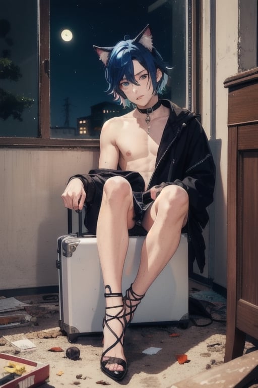1boy and1man,masterpiece, best quality, animal ears, blue eyes,colored sclera, black hair, cat ears, multicolored hair, freckles, two-tone hair, blue hair, male focus, lips, short hair, black sclera,topless,nude,fishnet,thong, night_sky, keep out, night, dark , inside classroom, abandoned_style, sittling on dirty bed, dirty room, open suitcase, highheels, miniskirt, tube_top