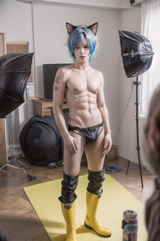 masterpiece, best quality, animal ears, blue eyes,colored sclera, black hair, cat ears, multicolored hair, freckles,1boys,  two-tone hair, blue hair, male focus, lips, short hair, black sclera, topless, gay_sex, full_body, uncensored, male_only,topless,nude, yellow rubber boots, male  breasts, in studio , crowd camera crew, on_camera. slingshot swimsuit, porn actors in background, 2 persons, gay sexl,photostudio