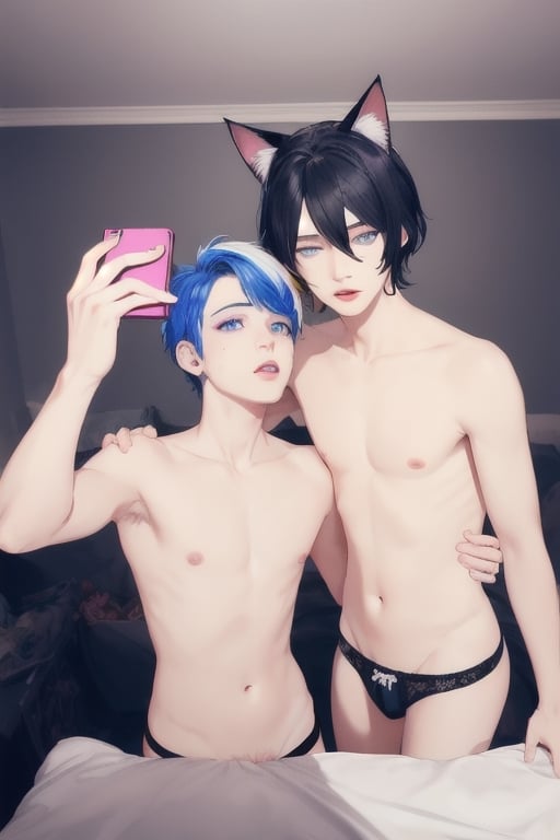 ((masterpiece)), best quality, animal ears, blue eyes,colored sclera, black hair, cat ears, multicolored hair, freckles,1boys,  two-tone hair, blue hair, male focus, lips, short hair, black sclera, topless, gay_sex, full_body, uncensored, male_only, cute twink boy standing in the funeral  wearing pink panties, boy with small dick in the panties, small penis bulge, feminine body, feminine boy, submissive, taking selfie, body with small dick,  boy with wide hips, big ass, perfection model, perfect body, perfect cock, complex_background, detailed face, detailed hands,High detailed, realhands, kissing,holding_cellphone,nude,  (many onlookers), casket