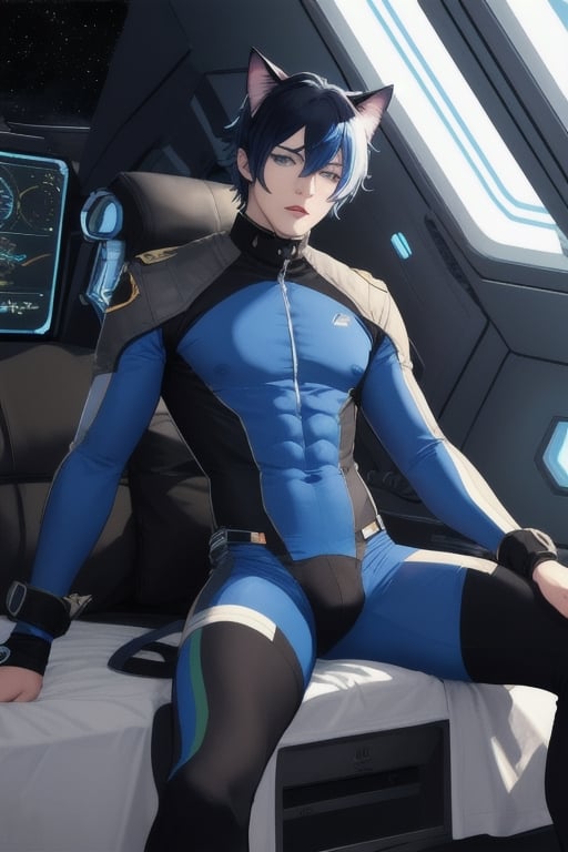 masterpiece, best quality, solo, animal ears, blue eyes,colored sclera, black hair, cat ears, multicolored hair, freckles,1boy,  two-tone hair, blue hair, male focus, lips, short hair, black sclera, full_body, uncensored, male_only,homoerotic,  science fiction, scenery,holding weapon, blue skin tight  bodysuit, spaceship background,underwear_bulge,crotch_bulge, male genital_bulge, pinis outling bulge, in crews quaters, furniture spaceship bed, laying in bed, toples 