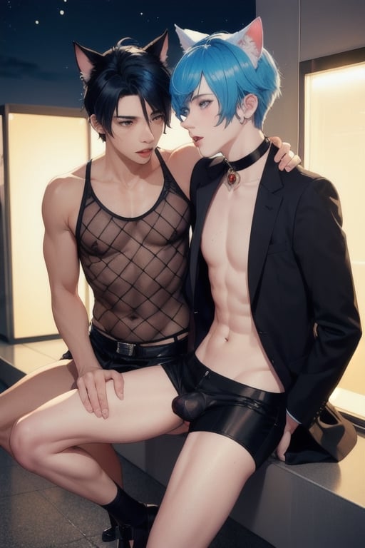 1boy and1man,masterpiece, best quality, animal ears, blue eyes,colored sclera, black hair, cat ears, multicolored hair, freckles, two-tone hair, blue hair, male focus, lips, short hair, black sclera,fishnet,thong, night_sky,  night, dark,  highheels, miniskirt, tube_top, halter_top, prositute, male breast, public_indecency,public restroom, public toilet, glory_hole,sex toys, on knees,2boys,Filatio ,gay sex