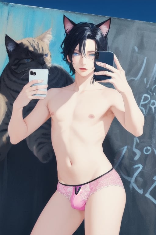 ((masterpiece)), best quality, animal ears, blue eyes,colored sclera, black hair, cat ears, multicolored hair, freckles,1boys,  two-tone hair, blue hair, male focus, lips, short hair, black sclera, topless, gay_sex, full_body, uncensored, male_only, cute twink boy standing in the  ‎East Side Gallery berlin wearing pink panties and stockings, boy with small dick in the panties, small penis bulge, feminine body, feminine boy, submissive, taking selfie, body with small dick,  boy with wide hips, big ass, perfection model, perfect body, perfect cock, complex_background, detailed face, detailed hands,High detailed, realhands, dark night, night_sky, in front of the berlin wall,The Kiss of Death