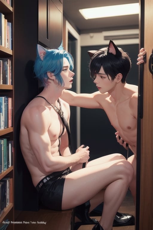 1boy and1man,masterpiece, best quality, animal ears, blue eyes,colored sclera, black hair, cat ears, multicolored hair, freckles, two-tone hair, blue hair, male focus, lips, short hair, black sclera,fishnet,thong, night_sky,  night, dark,  highheels, miniskirt, tube_top, halter_top, prositute, male breast, in adult book store, porn shop, glory_hole,sex toys, on knees,2boys,Filatio 