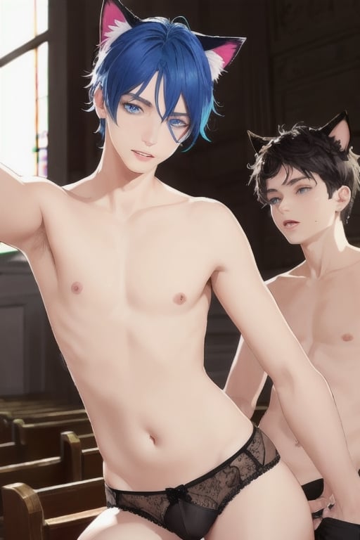 ((masterpiece)), best quality, animal ears, blue eyes,colored sclera, black hair, cat ears, multicolored hair, freckles,1boys,  two-tone hair, blue hair, male focus, lips, short hair, black sclera, topless, gay_sex, full_body, uncensored, male_only, cute twink boy standing in the church wearing pink panties and stockings, boy with small dick in the panties, small penis bulge, feminine body, feminine boy, submissive, taking selfie, body with small dick,  boy with wide hips, big ass, perfection model, perfect body, perfect cock, complex_background, detailed face, detailed hands,High detailed, realhands,