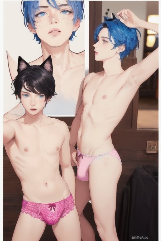 ((masterpiece)), best quality, animal ears, blue eyes,colored sclera, black hair, cat ears, multicolored hair, freckles,1boys,  two-tone hair, blue hair, male focus, lips, short hair, black sclera, topless, gay_sex, full_body, uncensored, male_only, cute twink boy standing in the frat house wearing pink panties and stockings, boy with small dick in the panties, small penis bulge, feminine body, feminine boy, submissive, taking selfie, body with small dick,  boy with wide hips, big ass, perfection model, perfect body, perfect cock, complex_background, detailed face, detailed hands,High detailed, realhands, kissing,holding_cellphone,nude,   (many onlookers looking at boy), detailed face, detailed legs, poster of rosie kawaii 