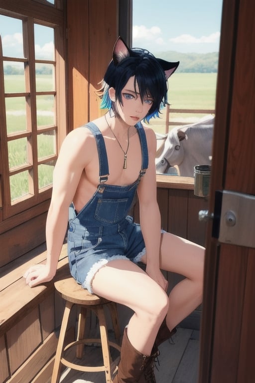 masterpiece, best quality, animal ears, blue eyes,colored sclera, black hair, cat ears, multicolored hair, freckles,1boy,  two-tone hair, blue hair, male focus, lips, short hair, black sclera, wearing overalls shorts, topless, cowboy boots,in barn, sitting_down on stool, cow, cow in stall, milking_machine, milking cow 