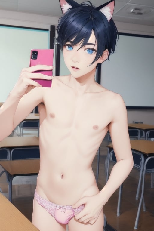 ((masterpiece)), best quality, animal ears, blue eyes,colored sclera, black hair, cat ears, multicolored hair, freckles,1boys,  two-tone hair, blue hair, male focus, lips, short hair, black sclera, topless, gay_sex, full_body, uncensored, male_only, cute twink boy standing in the classroom  wearing pink panties and stockings, boy with small dick in the panties, small penis bulge, feminine body, feminine boy, submissive, taking selfie, body with small dick,  boy with wide hips, big ass, perfection model, perfect body, perfect cock, complex_background, detailed face, detailed hands,High detailed, realhands, holding_cellphone,nude,   (many onlookers looking at boy), detailed face, detailed legs,
