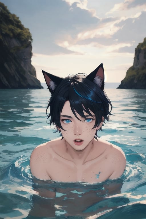 masterpiece, best quality, solo, animal ears, blue eyes,colored sclera, black hair, cat ears, multicolored hair, freckles,1boy,  two-tone hair, blue hair, male focus, lips, short hair, black sclera, topless, gay_sex, uncensored, male_only,speedo, in black water, gaint t vertex, caught in vertex drowning, vertex sucking boy down, dark stormy sky, vertex, maelstroms, only head above water, spinning water, rough water, reaching for help, panic