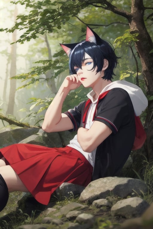 masterpiece, best quality, solo, animal ears, blue eyes,colored sclera, black hair, cat ears, multicolored hair, freckles,1boy, two-tone hair, blue hair, male focus, lips, short hair, black sclera,dressed like little red ridding hood,  in forest, short red skirt, sitting on rock, , wild_mushroom, a sleep on ground