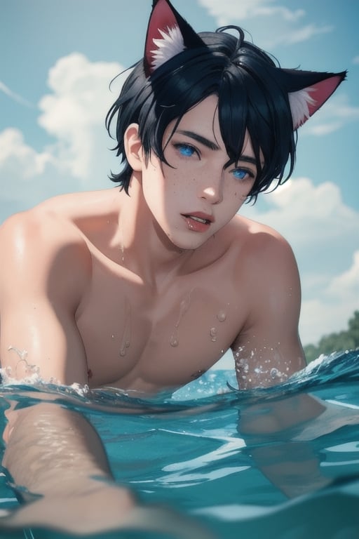 masterpiece, best quality, solo, animal ears, blue eyes,colored sclera, black hair, cat ears, multicolored hair, freckles,1boy,  two-tone hair, blue hair, male focus, lips, short hair, black sclera, topless, gay_sex, uncensored, male_only,speedo, in black water, gaint t vertex, caught in vertex drowning, vertex sucking boy down, dark stormy sky, vertex, maelstroms, only head above water, spinning water, rough water, reaching for help, panic, swimming_pool ,under water