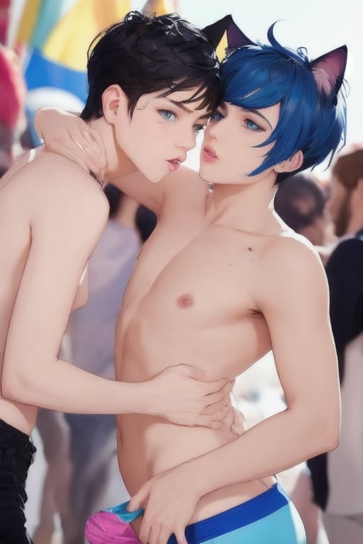 ((masterpiece)), best quality, animal ears, blue eyes,colored sclera, black hair, cat ears, multicolored hair, freckles,1boys,  two-tone hair, blue hair, male focus, lips, short hair, black sclera, topless, gay_sex, full_body, uncensored, male_only, cute twink boy standing in the parade wearing pink panties, boy with small dick in the panties, small penis bulge, feminine body, feminine boy, submissive, taking selfie, body with small dick,  boy with wide hips, big ass, perfection model, perfect body, perfect cock, complex_background, detailed face, detailed hands,High detailed, realhands, kissing,holding_cellphone,nude,  (many onlookers looking at boy), gay pride parade, crowd, kissing, rainbow flags, 