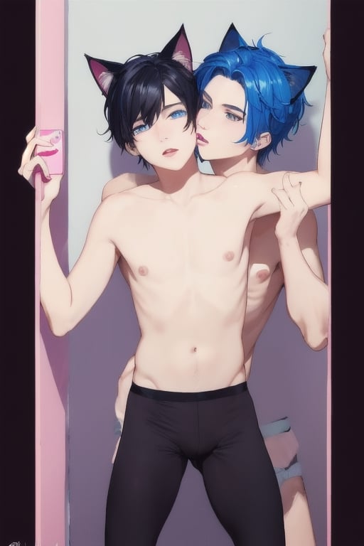 ((masterpiece)), best quality, animal ears, blue eyes,colored sclera, black hair, cat ears, multicolored hair, freckles,1boys,  two-tone hair, blue hair, male focus, lips, short hair, black sclera, topless, gay_sex, full_body, uncensored, male_only, cute twink boy standing in the gloryhole wearing pink panties and stockings, boy with small dick in the panties, small penis bulge, feminine body, feminine boy, submissive, taking selfie, body with small dick,  boy with wide hips, big ass, perfection model, perfect body, perfect cock, complex_background, detailed face, detailed hands,High detailed, realhands, holding_cellphone, 3men,surrounded by naked fat old men, kissing old man, black walls, hole in wall 