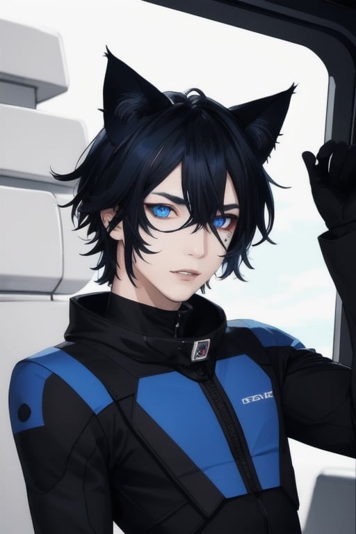 masterpiece, best quality, solo, animal ears, blue eyes,colored sclera, black hair, cat ears, multicolored hair, freckles,1boy,  two-tone hair, blue hair, male focus, lips, short hair, black sclera, full_body, uncensored, male_only, wearing vivid dark black and white space suit, helmet, tined face shield,on space ship bridge,