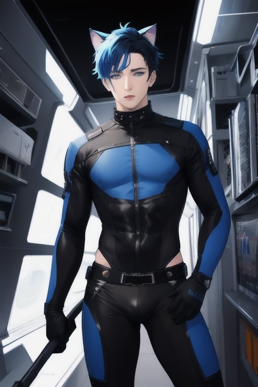 masterpiece, best quality, solo, animal ears, blue eyes,colored sclera, black hair, cat ears, multicolored hair, freckles,1boy,  two-tone hair, blue hair, male focus, lips, short hair, black sclera, full_body, uncensored, male_only,homoerotic,  science fiction, scenery,holding weapon, blue skin tight  bodysuit, spaceship background,underwear_bulge,crotch_bulge, male genital_bulge, pinis outling bulge, in crews quaters