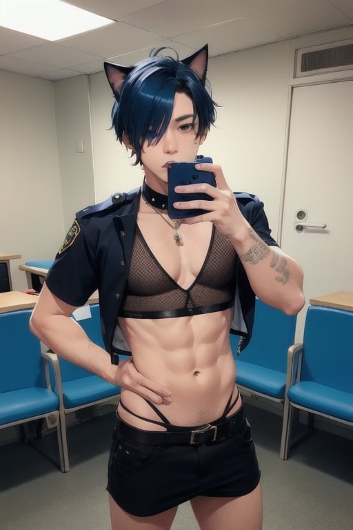 1boy and 1man,masterpiece, best quality, animal ears, blue eyes,colored sclera, black hair, cat ears, multicolored hair, freckles, two-tone hair, blue hair, male focus, lips, short hair, black sclera,fishnet,thong, highheels, miniskirt, tube_top, halter_top, male breast,  inside police station, taking identifying photograph of boy, in jail, arrested, in prison , mugshot, police_officer taking picture
