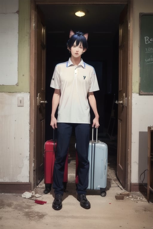 1boy and1man,masterpiece, best quality, animal ears, blue eyes,colored sclera, black hair, cat ears, multicolored hair, freckles, two-tone hair, blue hair, male focus, lips, short hair, black sclera, wearing white polo shirt, khaki pants, suitcase,school log on shirt,door,night_sky, keep out, night, dark , inside abandoned wharehouse,abandoned_style