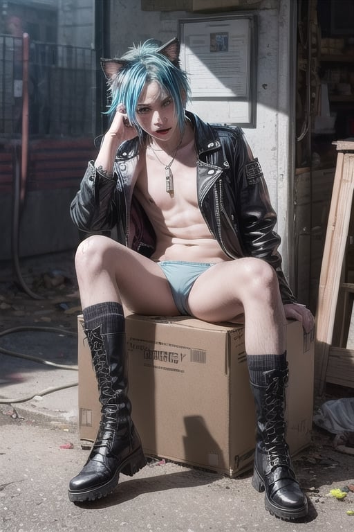 masterpiece, best quality, animal ears, blue eyes,colored sclera, black hair, cat ears, multicolored hair, freckles,1boys,  two-tone hair, blue hair, male focus, lips, short hair, black sclera, topless, gay_sex, full_body, uncensored, male_only,topless,nude, ultra Realistic, 80’s UK back street, Dirty, garbage-filled backstreets.devastated street, Junk yard street, ANARCHY In the UK, Dirty Rotten Imbeciles, Straight Edge, Chaos UK, (hardcore Punk fashion),  jokey And playful expression, Septum Piercing, more Coal, Ratty dreads, More patchs, Crust core,anti union flag design, dirty torn studded leather jacket, hardcore Punk Style jacket, lot Punk badge, check inner shirt, panties, dirty long torn leather boots, yellowed clothes, {chain storm}, stained clothes, dirty torn leather jacket, multi color spike hair, photo r3al,old sittting , crying into  hands, thong_panties
