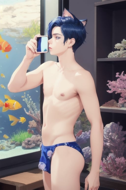 ((masterpiece)), best quality, animal ears, blue eyes,colored sclera, black hair, cat ears, multicolored hair, freckles,1boys,  two-tone hair, blue hair, male focus, lips, short hair, black sclera, topless, gay_sex, full_body, uncensored, male_only, cute twink boy standing in the aquarium wearing hula skirt, boy with small dick in the panties, small penis bulge, feminine body, feminine boy, submissive, taking selfie, body with small dick,  boy with wide hips, big ass, perfection model, perfect body, perfect cock, complex_background, detailed face, detailed hands,High detailed, realhands, kissing,holding_cellphone,nude,  (many onlookers looking at boy), infront of fish, wearing clam shell bikini