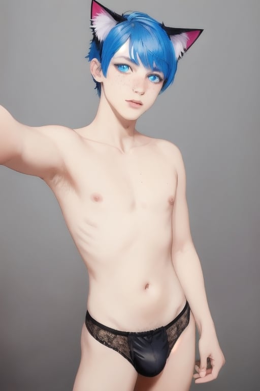 ((masterpiece)), best quality, animal ears, blue eyes,colored sclera, black hair, cat ears, multicolored hair, freckles,1boys,  two-tone hair, blue hair, male focus, lips, short hair, black sclera, topless, gay_sex, full_body, uncensored, male_only, cute twink boy standing in the eiffel tower wearing pink panties and stockings, boy with small dick in the panties, small penis bulge, feminine body, feminine boy, submissive, taking selfie, body with small dick,  boy with wide hips, big ass, perfection model, perfect body, perfect cock, complex_background, detailed face, detailed hands,High detailed, realhands, in front of the eiffel tower,
