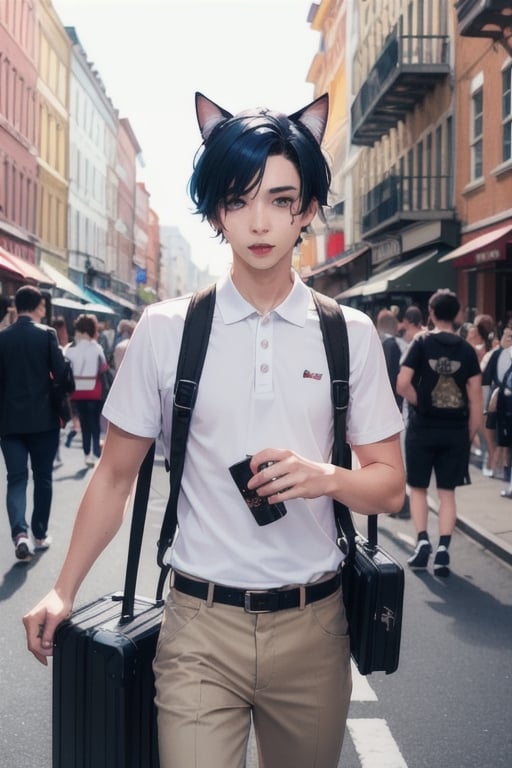 1boy ,masterpiece, best quality, animal ears, blue eyes,colored sclera, black hair, cat ears, multicolored hair, freckles, two-tone hair, blue hair, male focus, lips, short hair, black sclera, wearing white polo shirt, khaki pants, suitcase,school log on shirt, crowd, crowded city street, black cadillac on street,