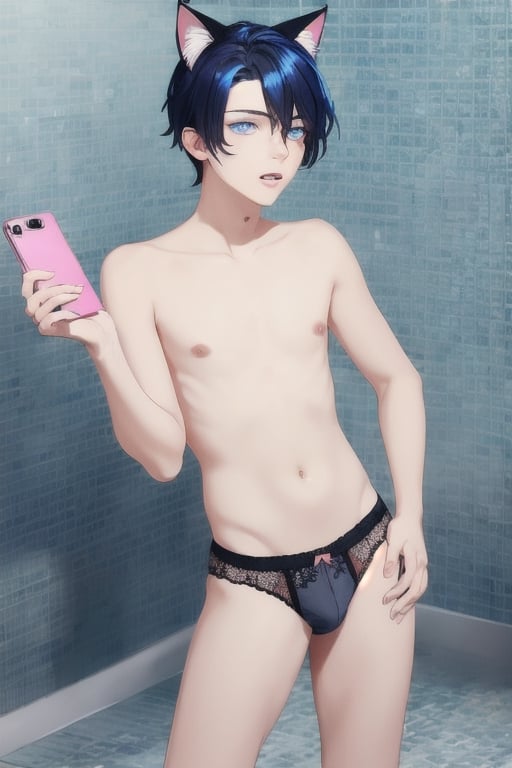 ((masterpiece)), best quality, animal ears, blue eyes,colored sclera, black hair, cat ears, multicolored hair, freckles,1boys,  two-tone hair, blue hair, male focus, lips, short hair, black sclera, topless, gay_sex, full_body, uncensored, male_only, cute twink boy standing in the public bath room wearing pink panties and stockings, boy with small dick in the panties, small penis bulge, feminine body, feminine boy, submissive, taking selfie, body with small dick,  boy with wide hips, big ass, perfection model, perfect body, perfect cock, complex_background, detailed face, detailed hands,High detailed, realhands, urinals, public_indecency