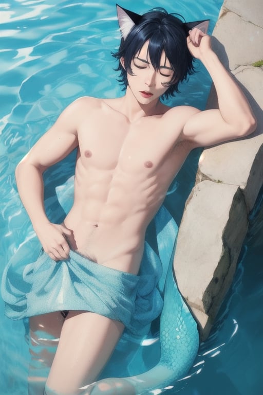 masterpiece, best quality, solo, animal ears, blue eyes,colored sclera, black hair, cat ears, multicolored hair, freckles,1boy,  two-tone hair, blue hair, male focus, lips, short hair, black sclera, topless, gay_sex, full_body, uncensored, male_only, nude, tiny circumcised_penis,nude,wading,underwater, air bubble, merman, mermaid body, eyes closed,pool bottom
