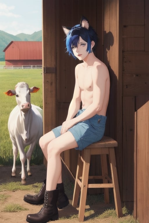 masterpiece, best quality, animal ears, blue eyes,colored sclera, black hair, cat ears, multicolored hair, freckles,1boy,  two-tone hair, blue hair, male focus, lips, short hair, black sclera, wearing overalls shorts, topless, cowboy boots,in barn, sitting_down on stool, cow, cow in stall, milking_machine, milking cow 