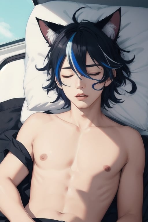 masterpiece, best quality, animal ears, blue eyes,colored sclera, black hair, cat ears, multicolored hair, freckles,1boy,  two-tone hair, blue hair, male focus, lips, short hair, black sclera, topless, gay_sex, full_body, uncensored, male_only, speedo, eyes closed,lying flat on paramedic gurney, sleeping, crowd , paramedics ,oxygen mask, oxygen tank,