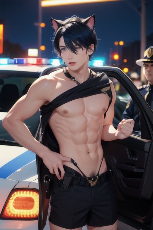 1boy and1man,masterpiece, best quality, animal ears, blue eyes,colored sclera, black hair, cat ears, multicolored hair, freckles, two-tone hair, blue hair, male focus, lips, short hair, black sclera,fishnet,thong, night_sky,  night, dark,  highheels, miniskirt, tube_top, halter_top, prositute, male breast, public_indecency,public 1police_officer, police_officer arresting boy, police car, flashing lights,  cop frisking boy, boy nude in cop car