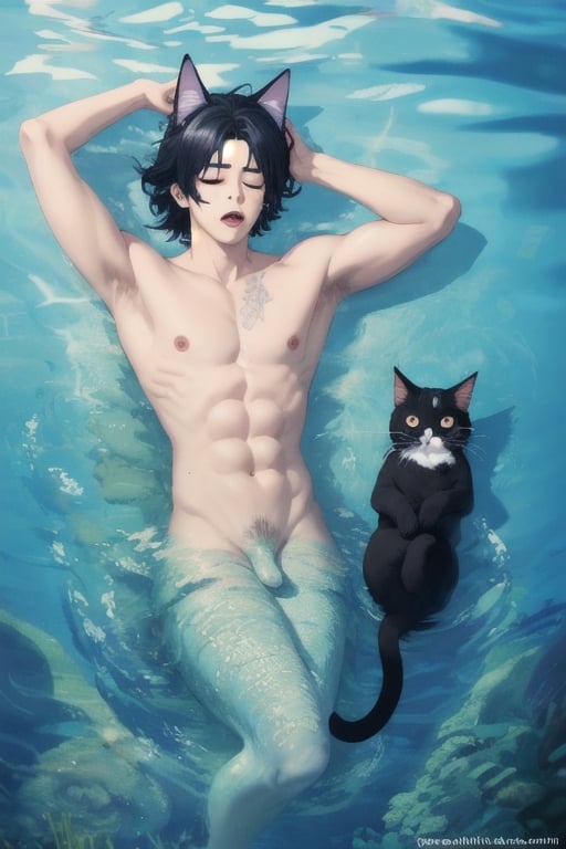 masterpiece, best quality, solo, animal ears, blue eyes,colored sclera, black hair, cat ears, multicolored hair, freckles,1boy,  two-tone hair, blue hair, male focus, lips, short hair, black sclera, topless, gay_sex, full_body, uncensored, male_only, nude, tiny circumcised_penis,nude,wading,underwater, air bubble, merman, mermaid body, eyes closed,pool bottom, monster fucking sleeping boy, ass_sex,monster gay_sex, uncensored, monster, stomach bulge,
