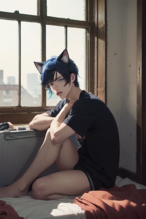 1boy and1man,masterpiece, best quality, animal ears, blue eyes,colored sclera, black hair, cat ears, multicolored hair, freckles, two-tone hair, blue hair, male focus, lips, short hair, black sclera,topless,fishnet,thong, night_sky, keep out, night, dark , inside classroom, abandoned_style, sittling on dirty bed, dirty room, open suitcase