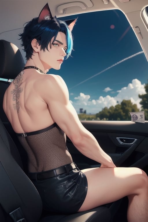 1boy and1man,masterpiece, best quality, animal ears, blue eyes,colored sclera, black hair, cat ears, multicolored hair, freckles, two-tone hair, blue hair, male focus, lips, short hair, black sclera,fishnet,thong, night_sky,  night, dark  highheels, miniskirt, tube_top, halter_top, leaning into car window, prositute, viewed_from_behind, bend_over head in car, exchange of money, male breast