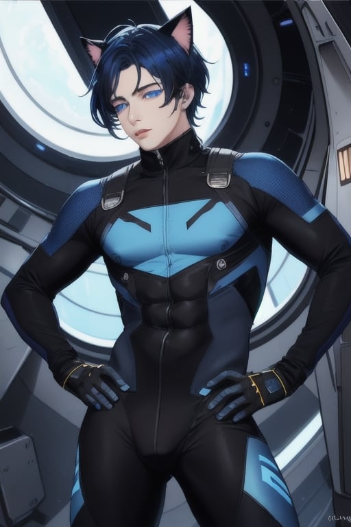 masterpiece, best quality, solo, animal ears, blue eyes,colored sclera, black hair, cat ears, multicolored hair, freckles,1boy,  two-tone hair, blue hair, male focus, lips, short hair, black sclera, full_body, uncensored, male_only,homoerotic,  science fiction, scenery,holding weapon, blue skin tight  bodysuit, spaceship background,underwear_bulge,crotch_bulge, male genital_bulge, pinis outling bulge, in crews quaters, sleeping pods